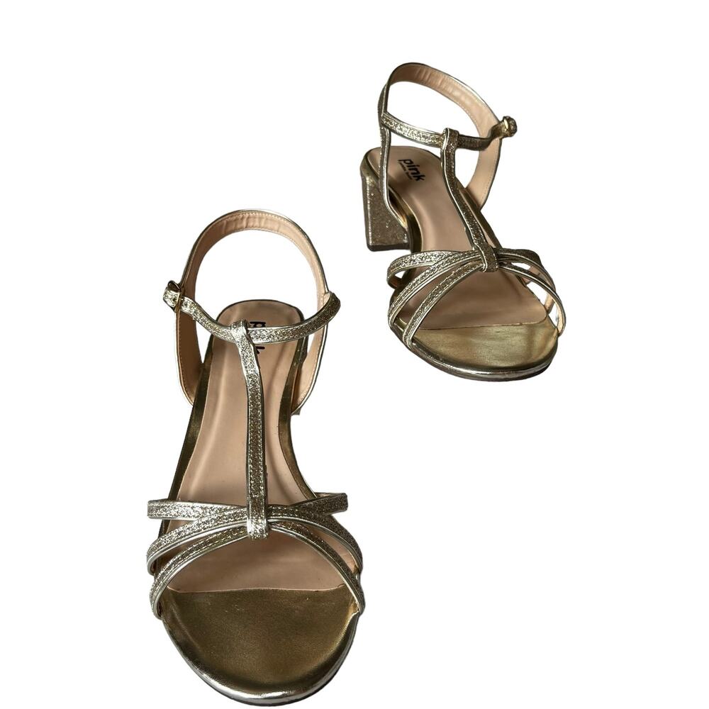 Paradox London PINK Collab “Sadie” GOLD Glitter Sandals 9.5 Glam Formal